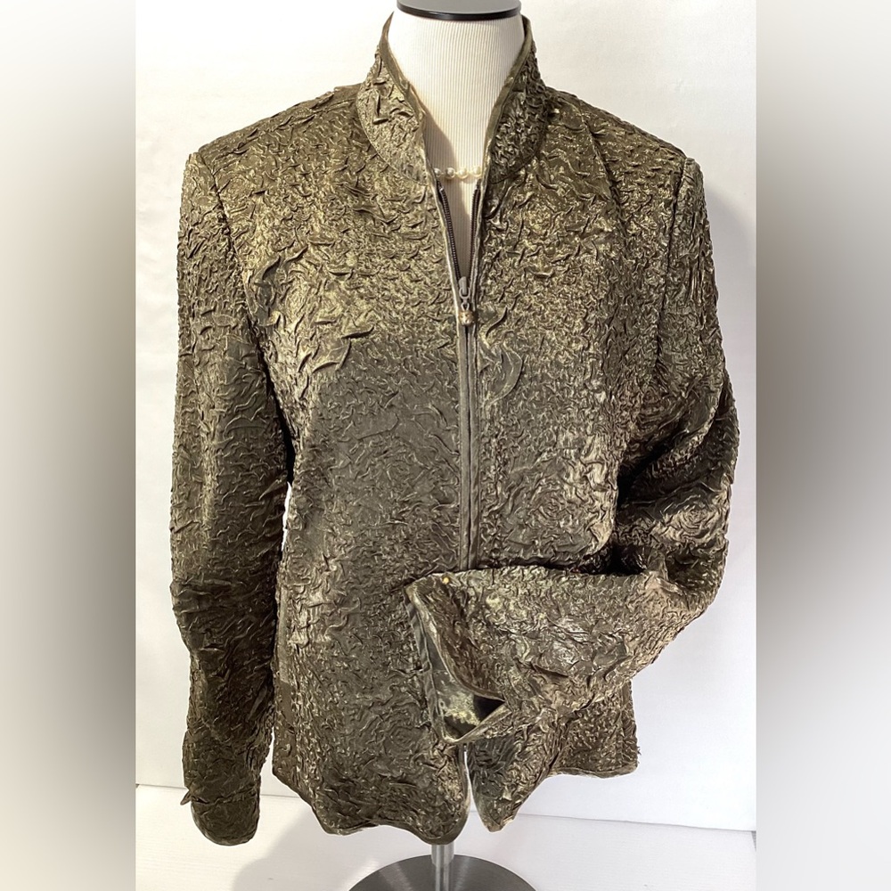 Victor Costa Evening Jacket Size 14 Zip 3D Fabric Pockets Color Olive Green